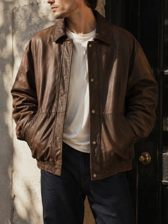 London Fog Other - London Fog Brown Leather Bomber Jacket with Snap Front